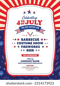 4th of july invitation, poster, banner, flyer, banner template with list of sample evening show lists. Decoration with usa star, pattern, firework, etc. Vector A4 design.