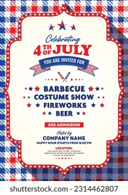 4th of July invitation, poster, banner, flyer, banner template with list of sample evening show lists. Decoration with usa star, pattern, firework, etc. Vector A4 design.