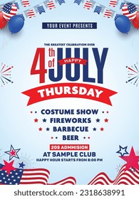 4th of July invitation, poster, banner, flyer, banner template with lists of sample evening show lists. Decoration with usa waving flag, balloons, bunting, firework, etc. Vector A4 design. 
