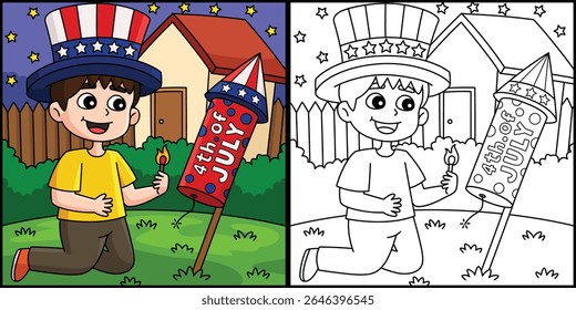 4th of July Kid Lighting Up Fireworks Illustration