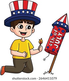 4th of July Kid Lighting Up Fireworks Clipart 