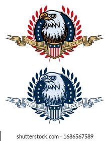 4th of July label design. Vector illustration design of bald eagle in engraving technique. Isolated on white.