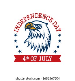 4th of July label design. Vector illustration design of bald eagle in engraving technique. Isolated on white.