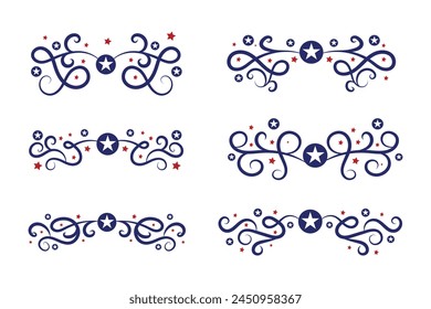4th of July lettering header Ornate swirls, patriotic red stars, and blue Elegant fancy separators Decorative Elements, American Independence Day Calligraphy Flourishes text dividers