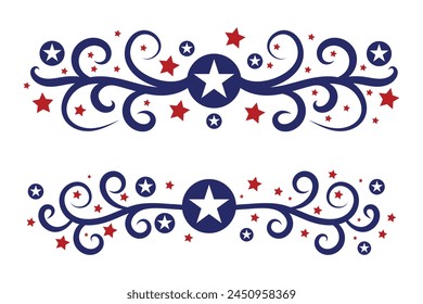 4th of July lettering header Ornate swirls, patriotic red stars, and blue Elegant fancy separators Decorative Elements, American Independence Day Calligraphy Flourishes text dividers