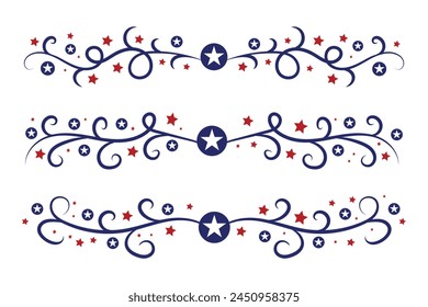 4th of July lettering header Ornate swirls, patriotic red stars, and blue Elegant fancy separators Decorative Elements, American Independence Day Calligraphy Flourishes text dividers