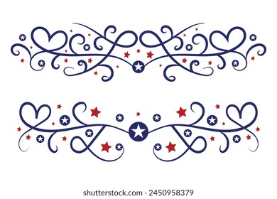 4th of July lettering header Ornate swirls, patriotic red stars, and blue Elegant fancy separators Decorative Elements, American Independence Day Calligraphy Flourishes text dividers