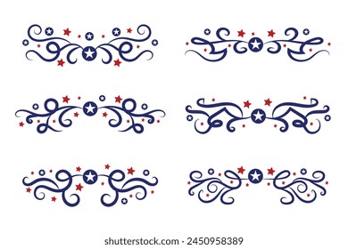 4th of July lettering header Ornate swirls, patriotic red stars, and blue Elegant fancy separators Decorative Elements, American Independence Day Calligraphy Flourishes text dividers
