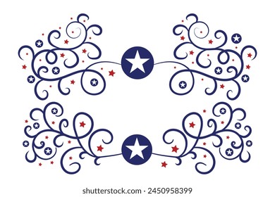 4th of July lettering header Ornate swirls, patriotic red stars, and blue Elegant fancy separators Decorative Elements, American Independence Day Calligraphy Flourishes text dividers