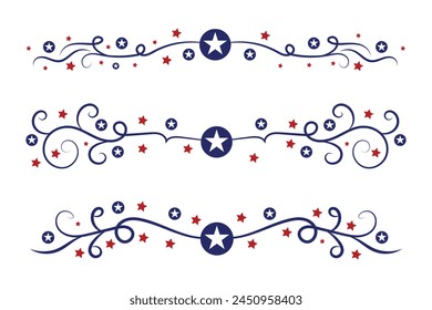 4th of July lettering header Ornate swirls, patriotic red stars, and blue Elegant fancy separators Decorative Elements, American Independence Day Calligraphy Flourishes text dividers