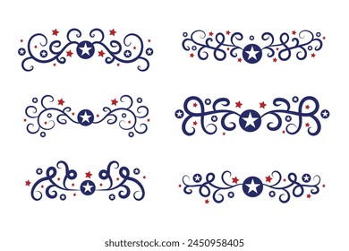 4th of July lettering header Ornate swirls, patriotic red stars, and blue Elegant fancy separators Decorative Elements, American Independence Day Calligraphy Flourishes text dividers