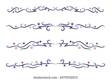 4th of July lettering header Ornate swirls, patriotic red stars, and blue Elegant fancy separators Decorative Elements, American Independence Day Calligraphy Flourishes text dividers