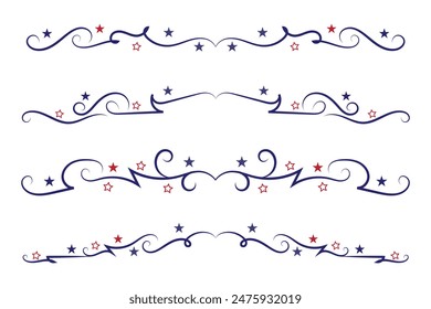 4th of July lettering header Ornate swirls, patriotic red stars, and blue Elegant fancy separators Decorative Elements, American Independence Day Calligraphy Flourishes text dividers