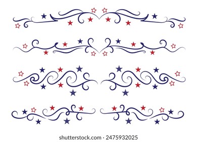 4th of July lettering header Ornate swirls, patriotic red stars, and blue Elegant fancy separators Decorative Elements, American Independence Day Calligraphy Flourishes text dividers