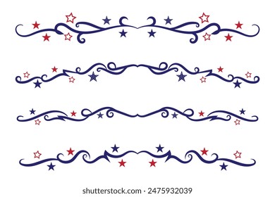 4th of July lettering header Ornate swirls, patriotic red stars, and blue Elegant fancy separators Decorative Elements, American Independence Day Calligraphy Flourishes text dividers
