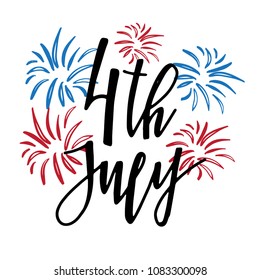 4th of July lettering for Independence Day card or poster. Vector illustration in national USA colors. Fireworks and calligraphy text.