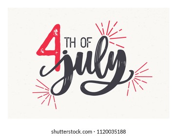 4th of July lettering written with elegant cursive font and decorated with fireworks. American Independence Day festive inscription isolated on light background. Holiday vector illustration