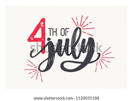 4th of July lettering written with elegant cursive font and decorated with fireworks. American Independence Day festive inscription isolated on light background. Holiday vector illustration