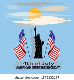 4th of July liberty and two flags on the sky