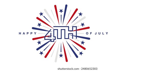 4th of July line design typography. Happy USA independence day on blue white red firework and stars white background