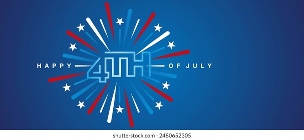 4th of July line design typography. Happy USA independence day on blue white red firework and stars blue background