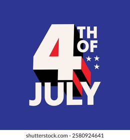 4th of July logo design with modern 3D text effect isolated on blue background. 4th July celebration as Independance Day of America. Fourth July US national holiday banner, poster, sticker, label, tag