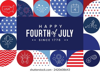 4th of July modern celebration banner with icons, red, blue, star and stripe patterns, and many more usa related icons. Vector illustration.