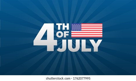 4th of july modern creative banner, sign, design concept, cover, greeting card with white text and american flag on a dark blue abstract background. 