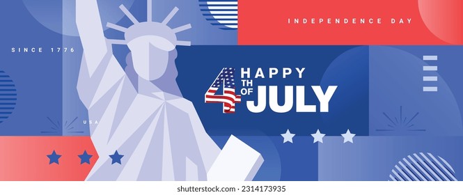 4th of july modern greeting banner, poster flyer, background with the statue of liberty, USA flag pattern, and abstract shapes. Vector illustration.