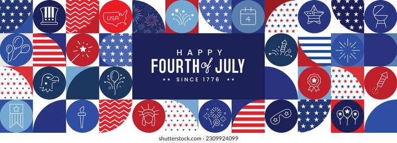 4th of July modern icon-based banner template with fireworks, balloons, calendar, stars, and many more usa related items. Vector illustration.