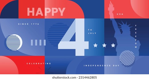 4th of July modern poster, banner, flyer, and background illustration with the statue of liberty and red, and blue colors. Vector illustration.