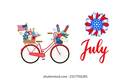 4th july National honor day. Bicycle and flower with American national flag design.