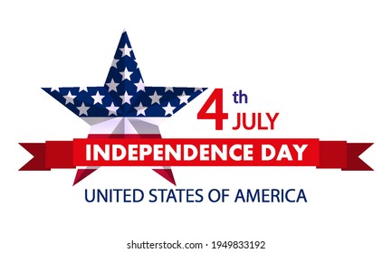 4th of July on a festive ribbon with a star for the United States Independence Day, vector art illustration.