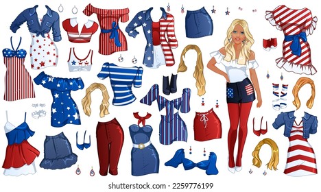 4th of July Paper Doll with Beautiful Woman, Outfits, Hairstyles and Accessories. Vector Illustration