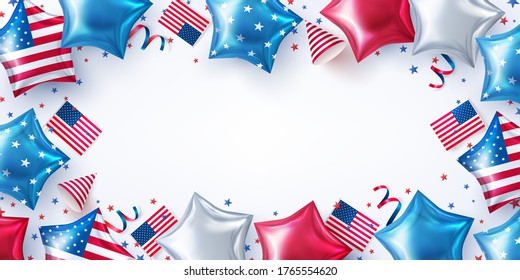 4th of July party background.USA independence day celebration with American Stars Shaped Balloons.4th of July promotion advertising banner template or USA Party Decorations and Brochures.