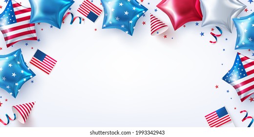 4th of July party background.USA independence day celebration with American Stars Shaped Balloons.4th of July promotion advertising banner template or USA Party Decorations and Brochures.