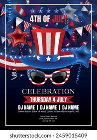 4th of july party poster with hat and sunglasses. american independence day flyer with party balloons, streamers, confetti and pennants