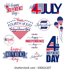 4th of july patch, label, badge, logo element. Fourth of July felicitation simple overlay. USA Happy Independence day greeting card. Vector illustration with flag, balloon, star, lettering, typography