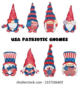 4th of July Patriotic American gnomes collection. Vector illustration. 