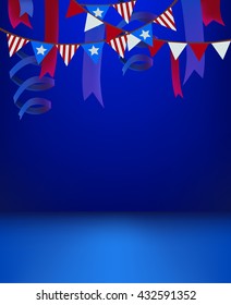 4th of july patriotic background template empty stage scene decorated with flags ribbons for presentation product event invitation american usa independence day celebration poster banner card vector