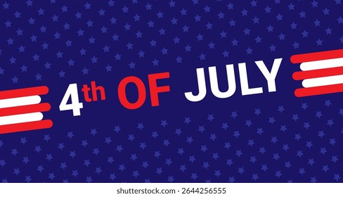4th of July Patriotic Background. A vibrant design with 4th OF JULY text, American flag stripes, and stars on a blue background. Perfect for Independence Day celebrations and promotions.