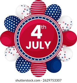 4th of July Patriotic Balloon Circle ribbon rosette. Independence Day USA Celebration red blue emblem. Perfect for holiday greetings, banners, and festive designs