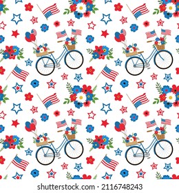 4th of July patriotic blue bicycle with American flags, flowers, and balloons seamless pattern on white background. Isolated on white background. Independence day themed design background.