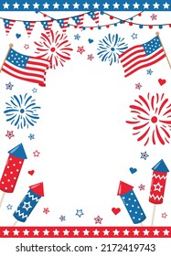 4th Of July Patriotic Border Frame With US National Colors Fireworks, Flags, And Sparks, Isolated On White Background. Design For American Independence Day Party Invitations Or Posters.