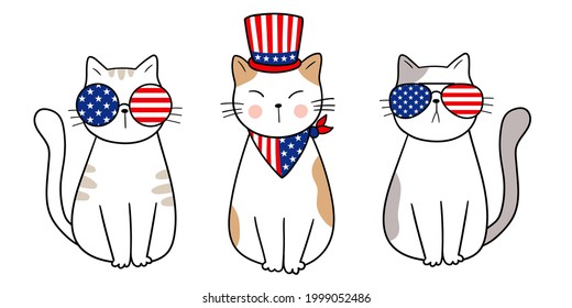 4th of July, Patriotic cats, Independence Day. Vector illustration.  Isolated on white background. Good for posters, t shirts, postcards.