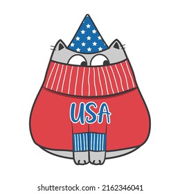 4th of July Patriotic doodle cat. Vector illustration.