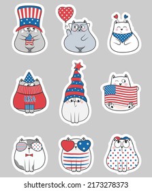 4th of July Patriotic doodle cat stickers set. Vector.