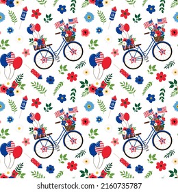 4 de julio patriótica bicicleta azul floral con banderas estadounidenses, y globos sin fisuras. Aislado sobre fondo blanco. Antecedentes de diseño temáticos del Día de la Independencia de Estados Unidos.