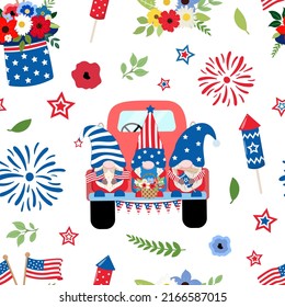 4th of July patriotic floral truck with cute gnomes, crackers, and sparklers seamless pattern. Isolated on white background. American Independence Day, 4th of July holiday themed design.