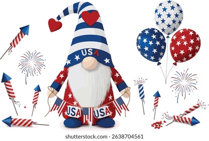 4th of July patriotic gnome with fireworks, rockets and balloons. Vector seamless pattern. Isolated on white background. Independence Day background. For digital paper, greeting cards, web design